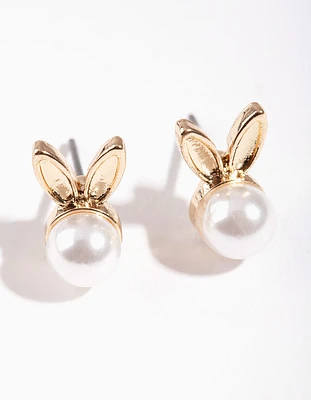 Gold & Pearl Bunny Stud Earrings