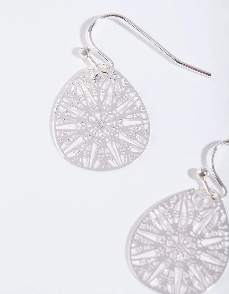 Silver Filigree Cut Out Drop Earrings