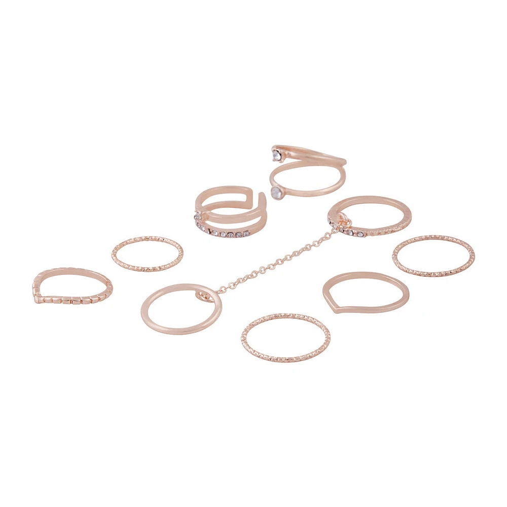 Rose Gold 8-Pack Rings With Knuckle Chain Link