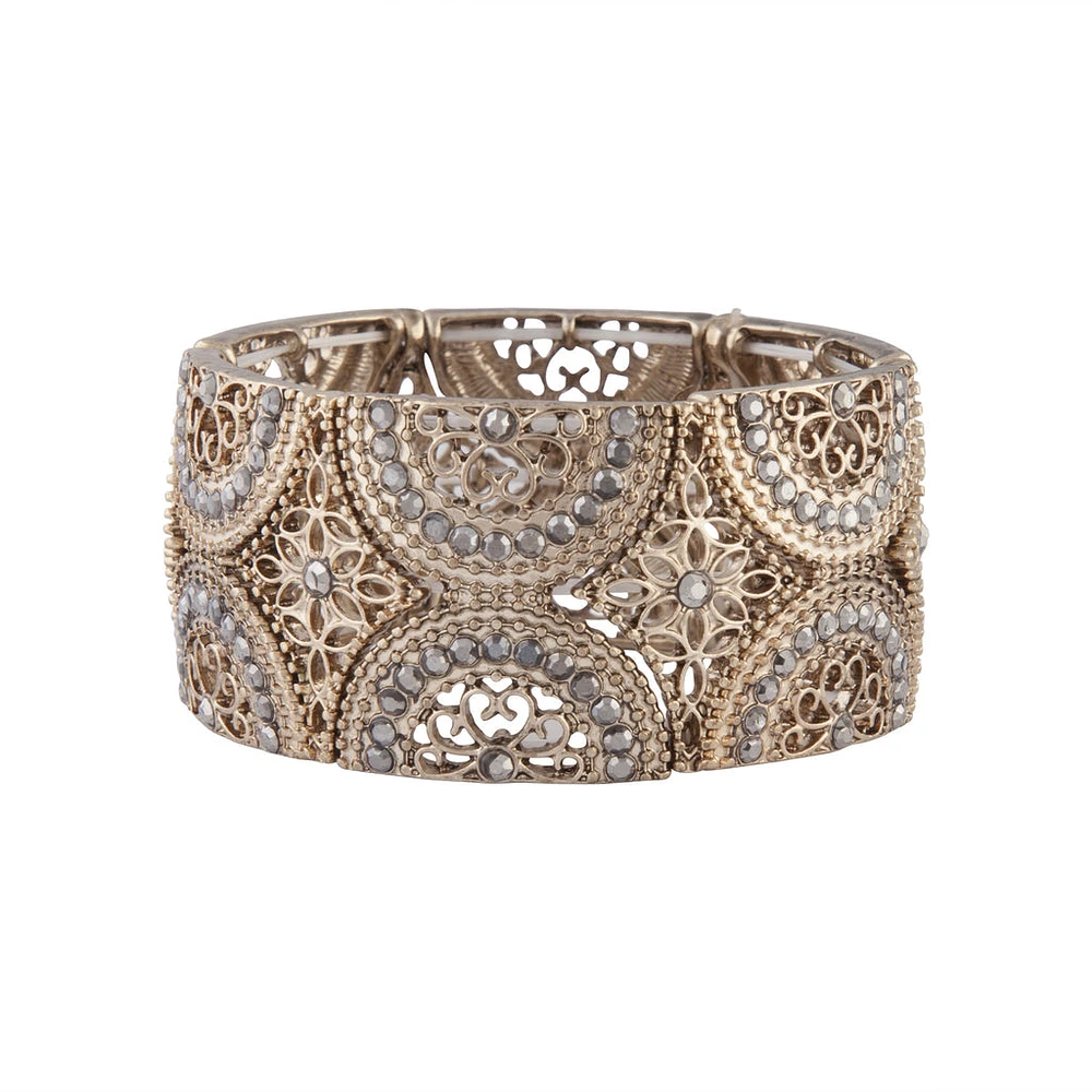 Gold Grey Diamante Filigree Stretch Bracelet