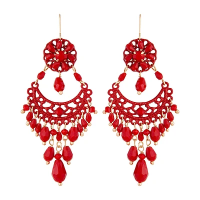 Red Beaded Chandelier Drop Earrings