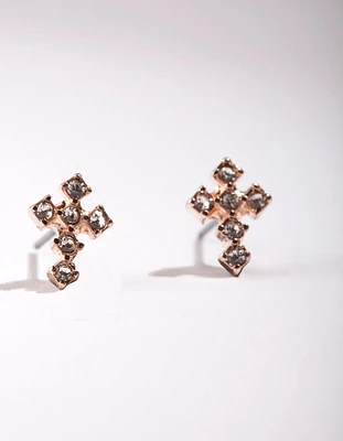 Rose Gold Mini Diamante Cross Earrings