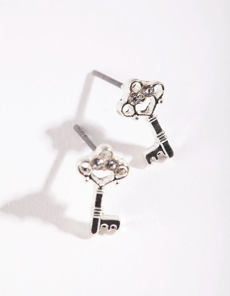 Silver Mini Diamante Key Stud Earrings