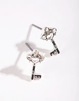 Silver Mini Diamante Key Stud Earrings