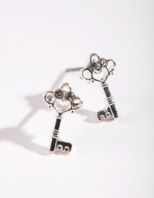 Silver Mini Diamante Key Stud Earrings
