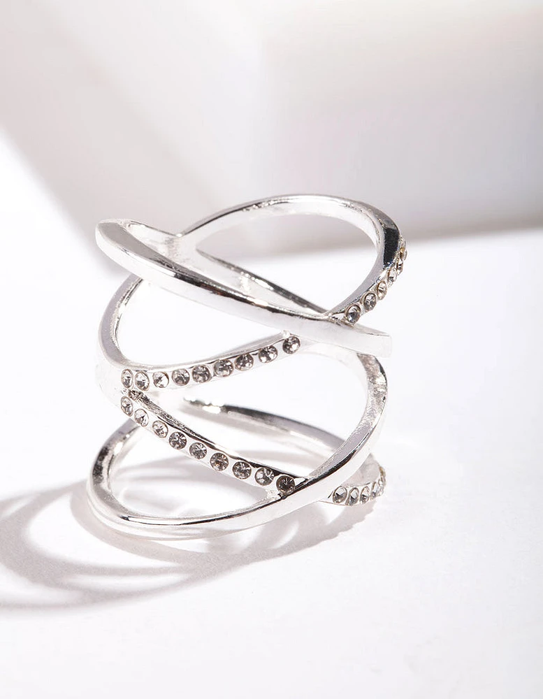 Silver Diamante Double Cross Ring