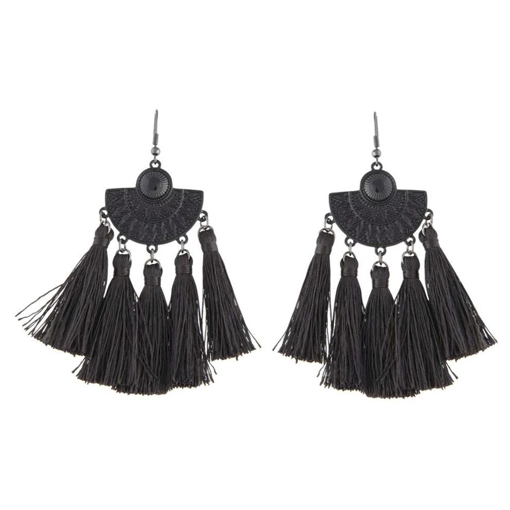 Black Coated Etched Shield 5 Tassel Earrings