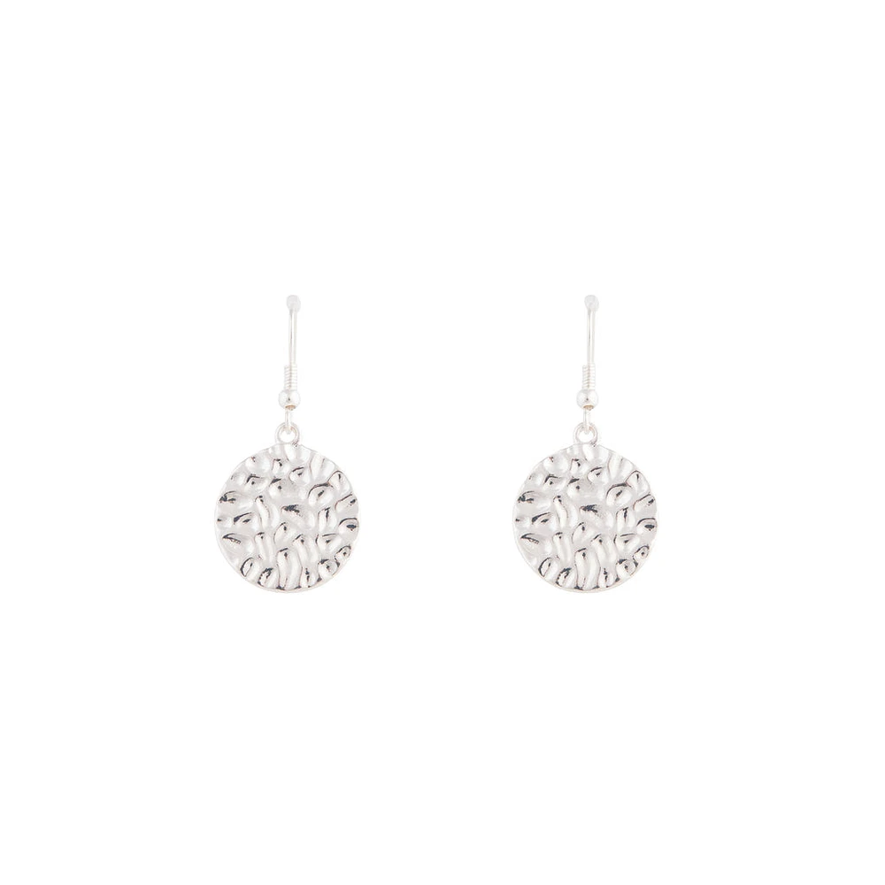 Silver Beaten Disc Drop Earrings