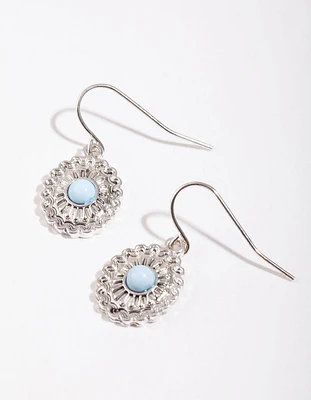 Antique Silver Floral Disc Drop Earrings