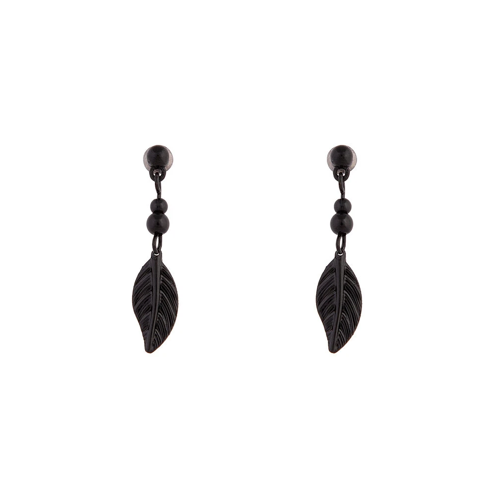 Black Metal Bead Feather Drop Earrings