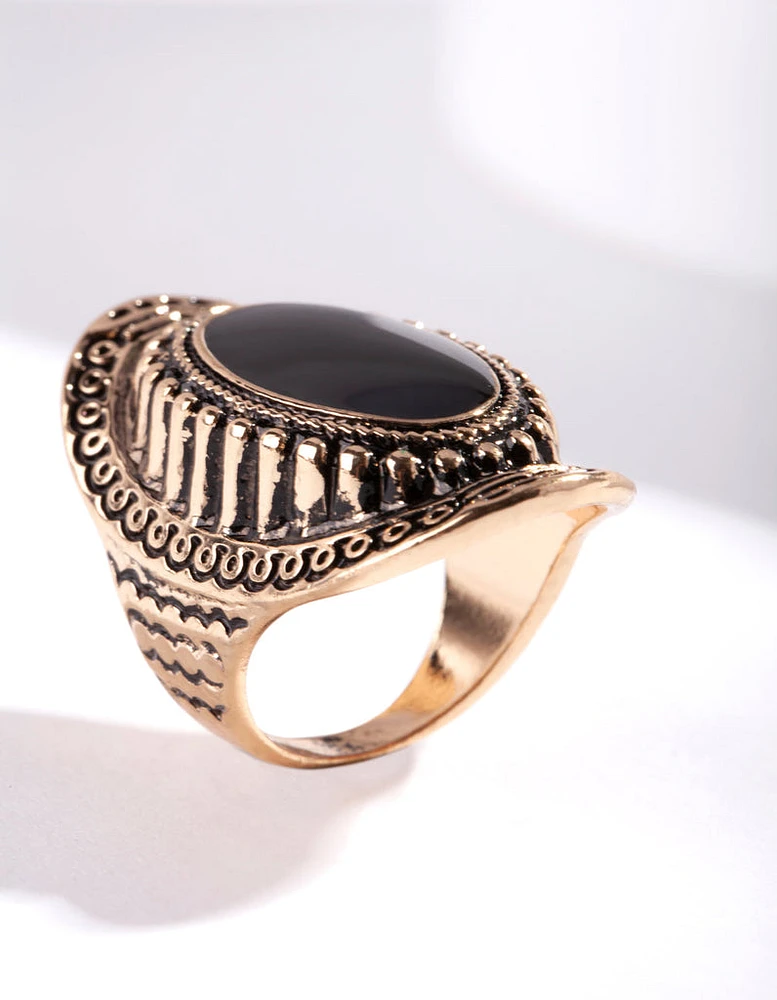 Antique Gold Oval Etched Border Ring