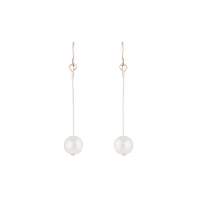 Rose Gold Fine Stick & Pearl Drop Earrings