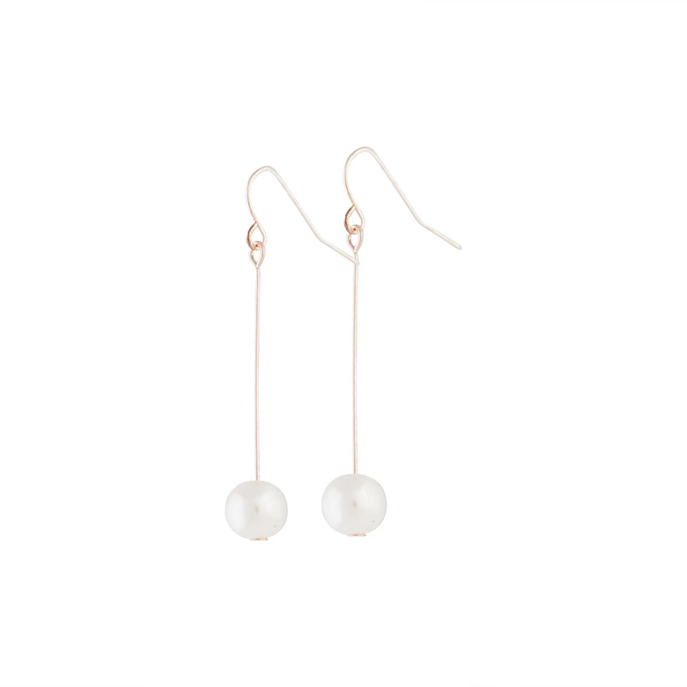 Rose Gold Fine Stick & Pearl Drop Earrings