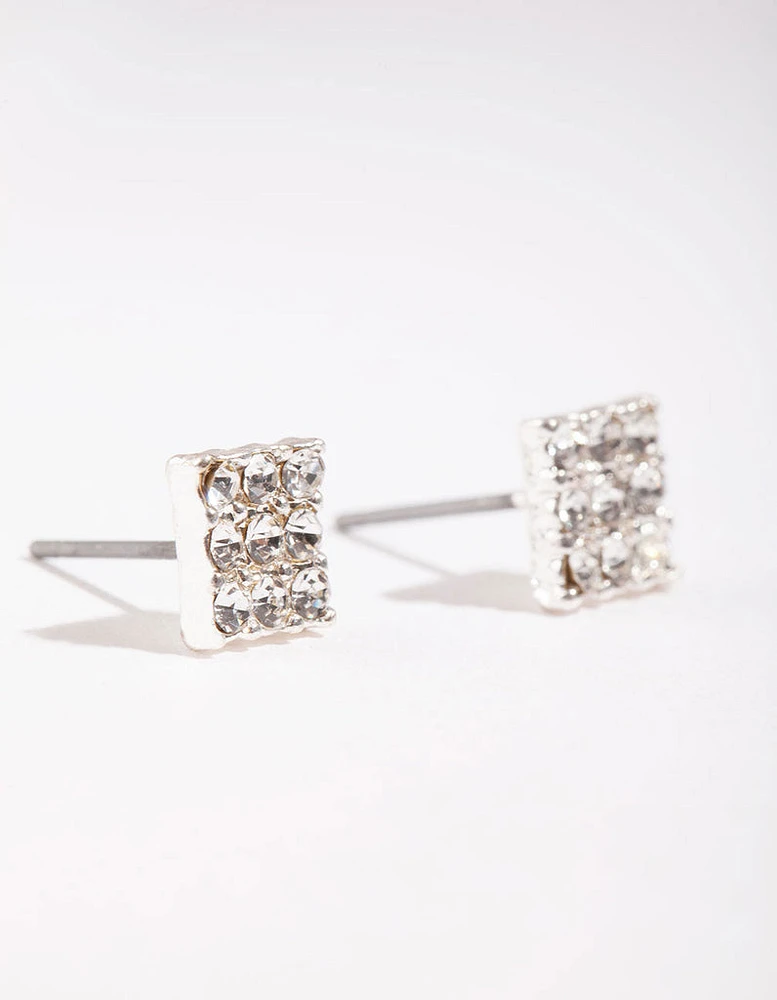 Silver Pave Diamante Square Stud Earrings