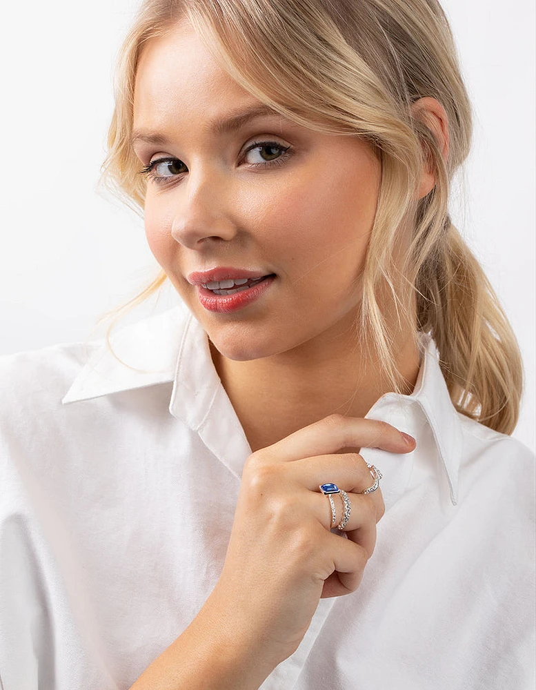 Silver Baguette Sapphire Diamante Ring Stack