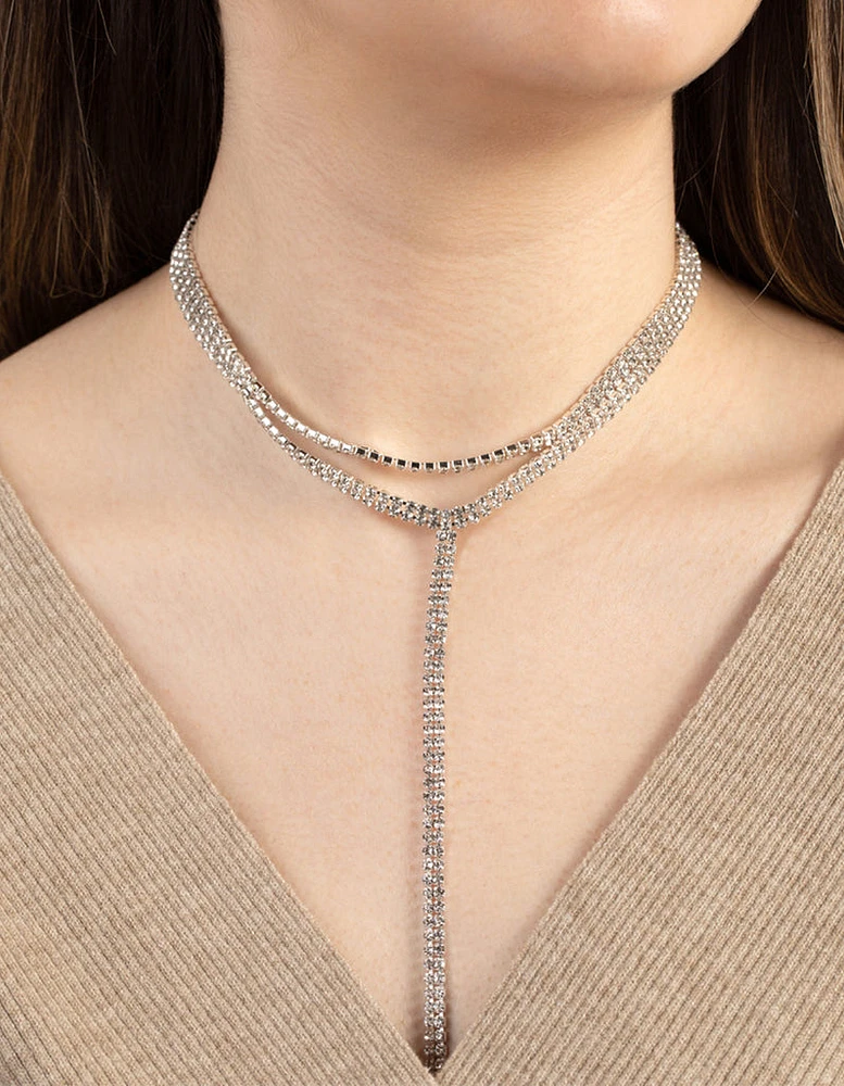 Silver Double Strand Diamante Y Neck Choker