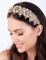 Gold Floral Fabric Pearl Headband