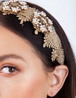 Gold Floral Fabric Pearl Headband