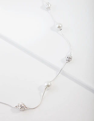 Silver Diamante & Pearl Bead Station Necklace