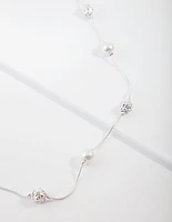 Silver Diamante & Pearl Bead Station Necklace