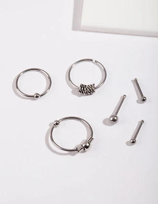 Rhodium Surgical Steel Ring & Bead Nose 6-Pack