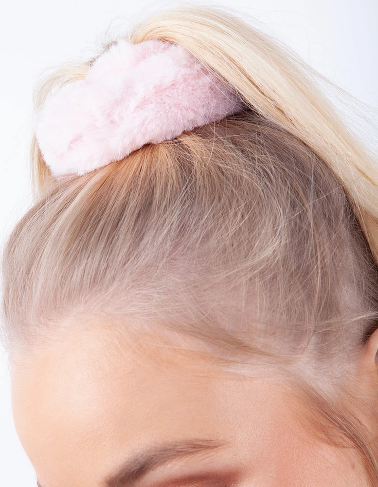 Faux Fur Grey Pink Scrunchie Set