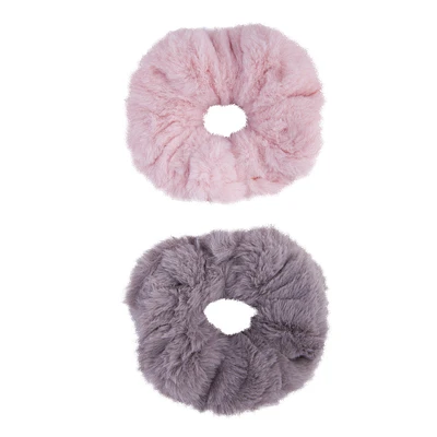 Faux Fur Grey Pink Scrunchie Set