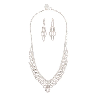 Silver Diamante Cup Chain Drop Earrings Necklace Set