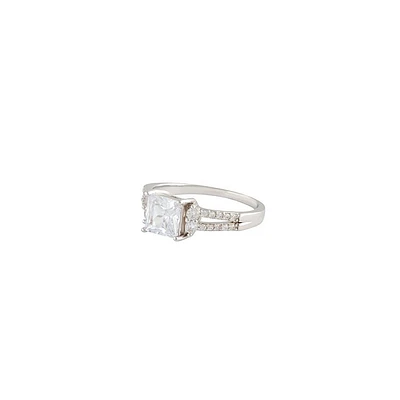 Rhodium Cubic Zirconia Square Stone Ring