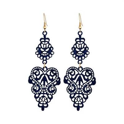 Blue Metal Filigree Drop Earrings