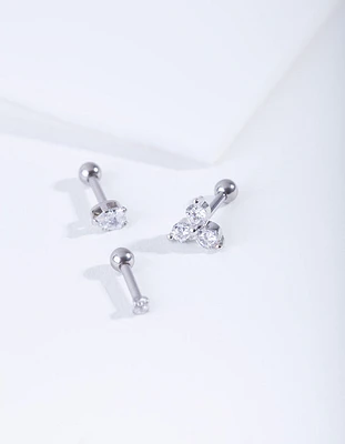Rhodium Surgical Steel Tripple Diamante Barbell Earrings