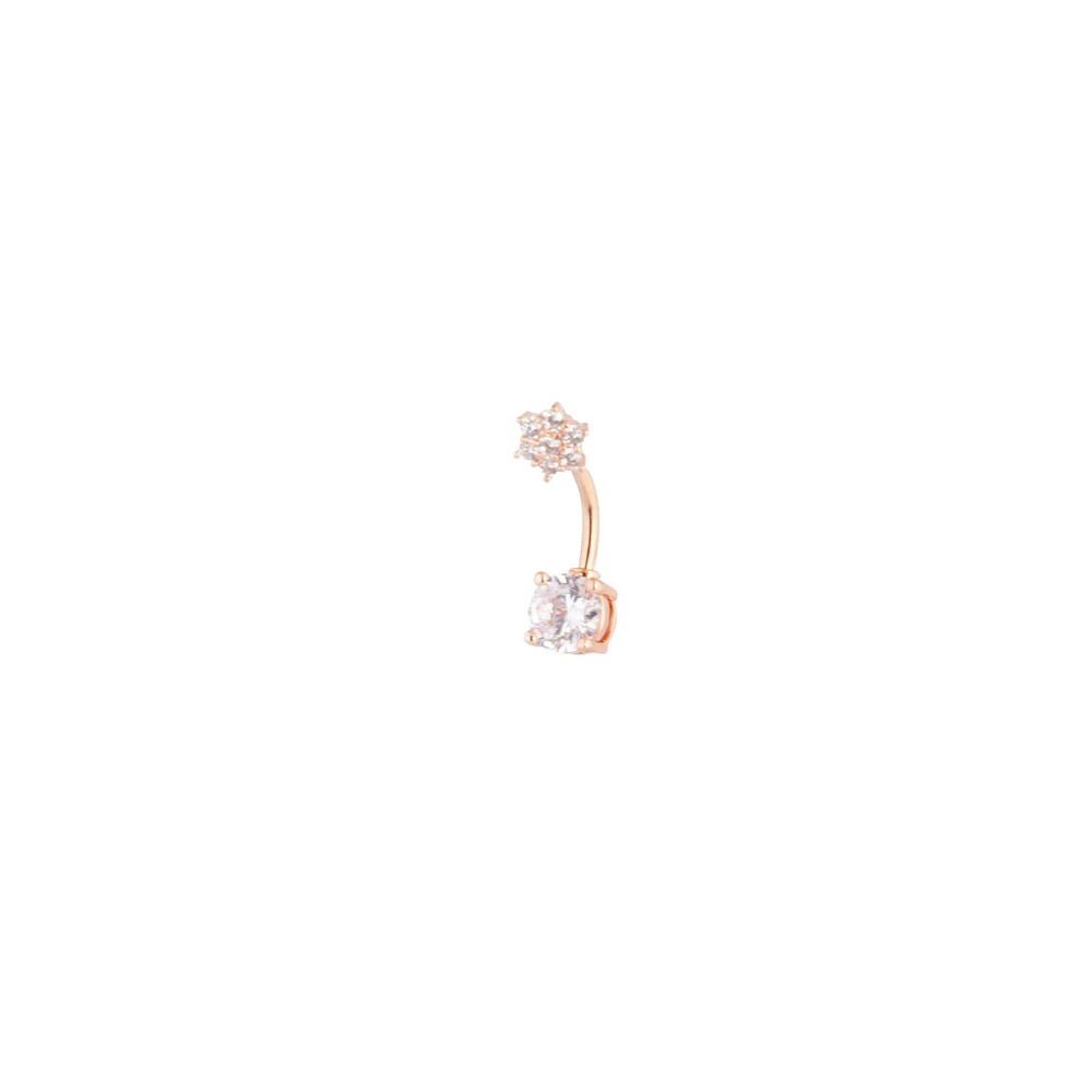 Rose Gold Surgical Steel Double Crystal Flower Belly Bar