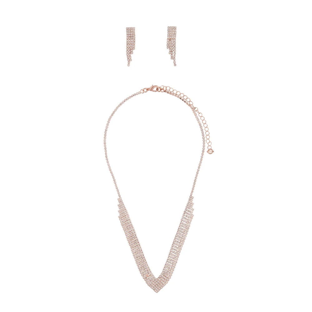 Rose Gold Diamante Necklace Earrings Jewellery Set