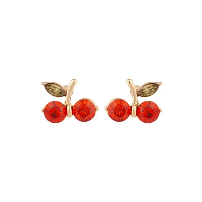 Gold Red Cherry Stud Earrings