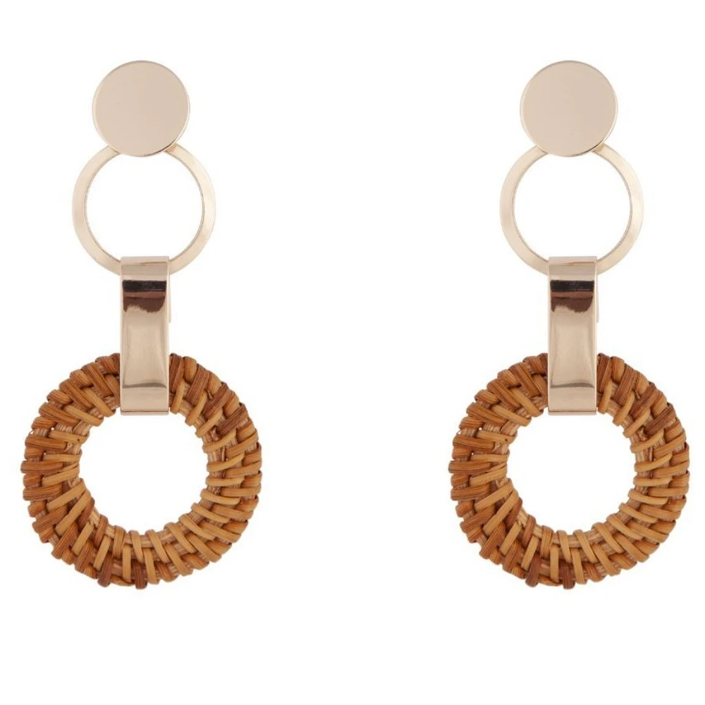 Gold Brown Raffia Circle Link Earrings