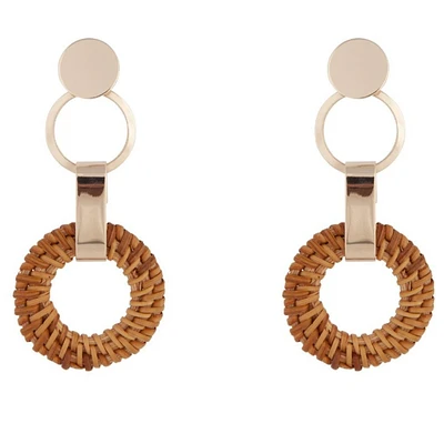 Gold Brown Raffia Circle Link Earrings
