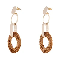 Gold Brown Raffia Circle Link Earrings