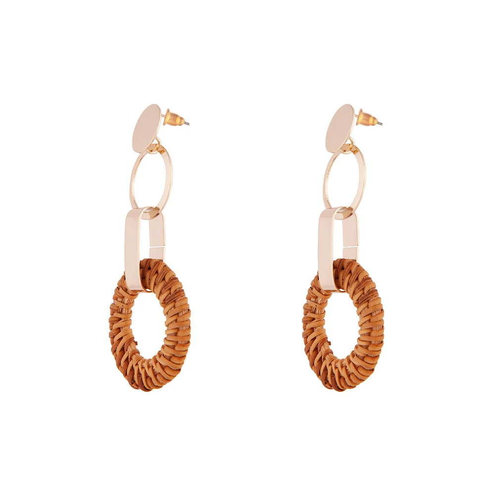 Gold Brown Raffia Circle Link Earrings