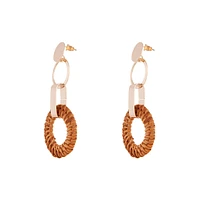 Gold Brown Raffia Circle Link Earrings