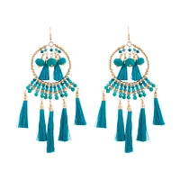 Green Statement Tassel Pom-Pom Earrings