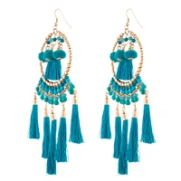 Green Statement Tassel Pom-Pom Earrings