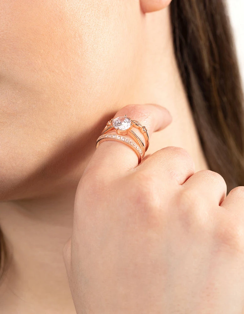 Rose Gold Round Stone Triple Band Ring