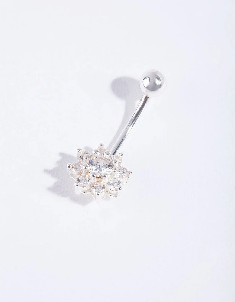 Sterling Silver Cubic Zirconia Floral Belly Bar