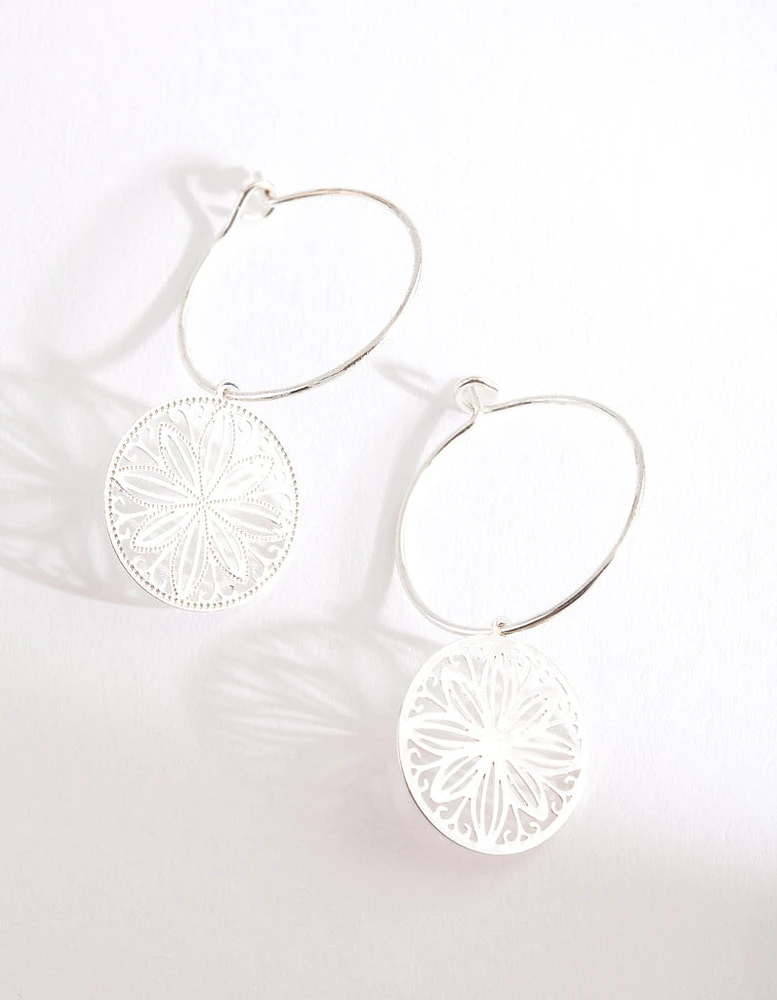 Silver Filigree Disc Hoop Earrings