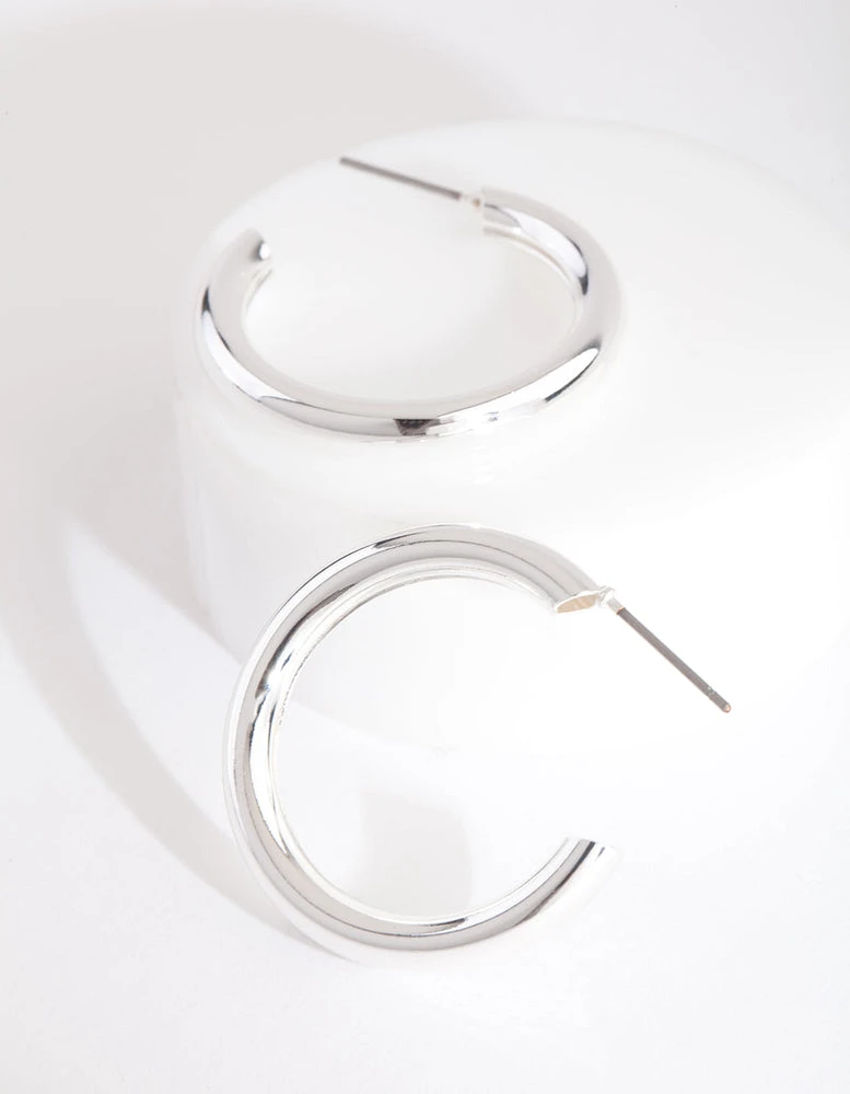 Silver Medium Smooth Hoop Earrings