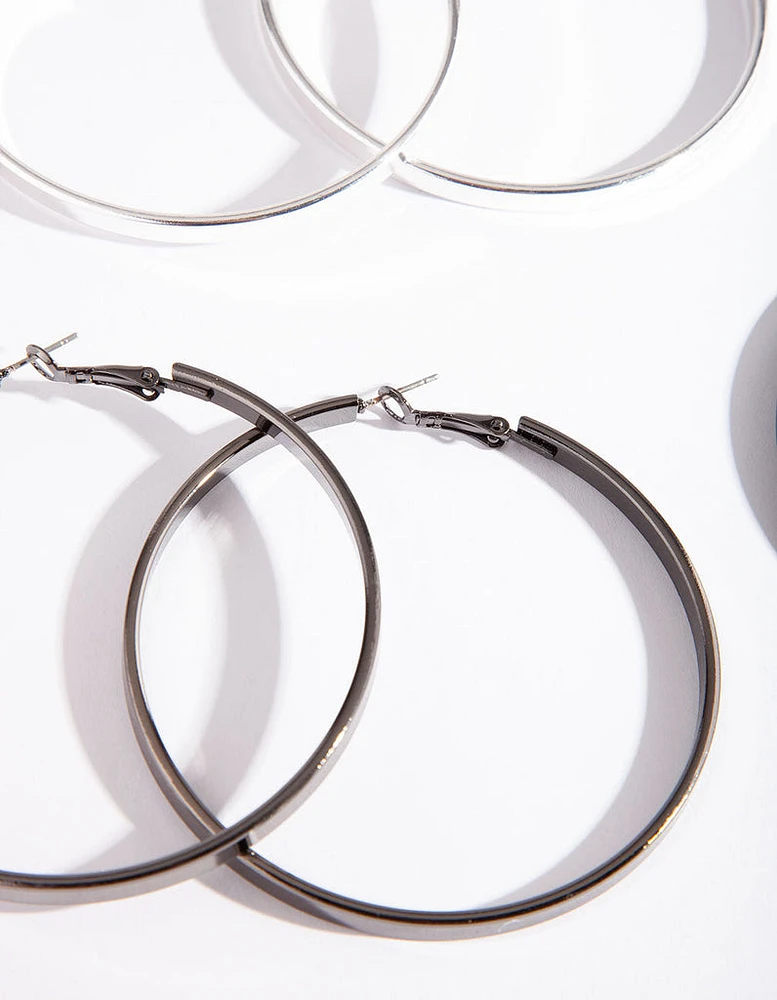 Silver Black Chunky Hoop Earring Pack