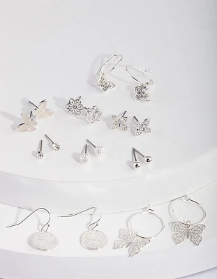 Silver Butterfly Hoop Drop Earring 9-Pack