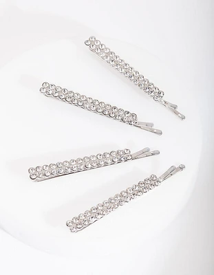 Silver Double Row Diamante Clip 4-Pack