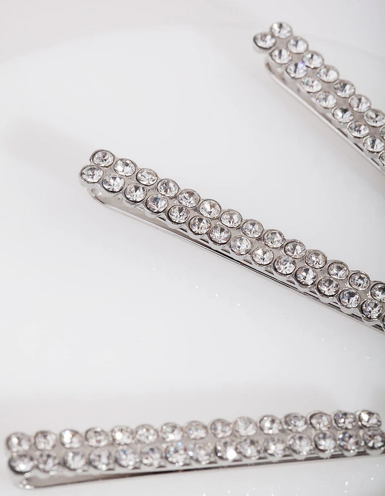 Silver Double Row Diamante Clip 4-Pack