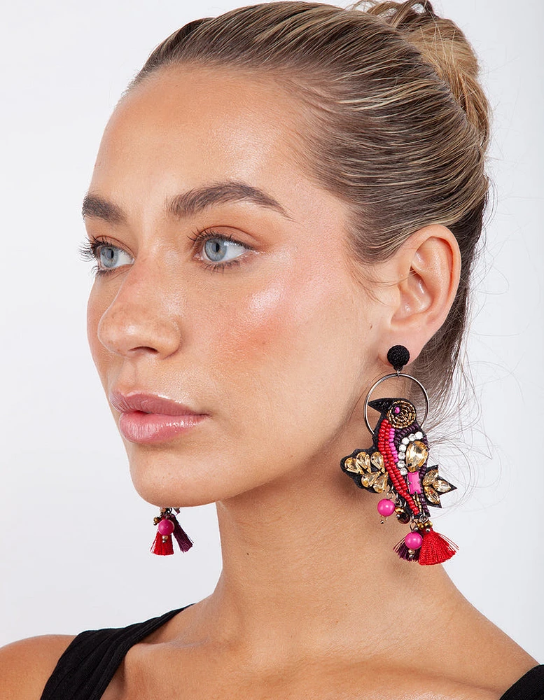 Red Halo Bird Statement Earrings